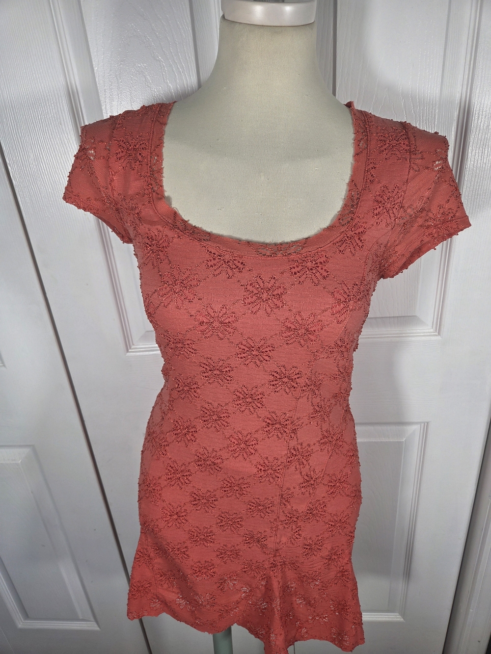 Free People Coral Pink Lace Mini Dress Small Boho Romantic Festival Tunic